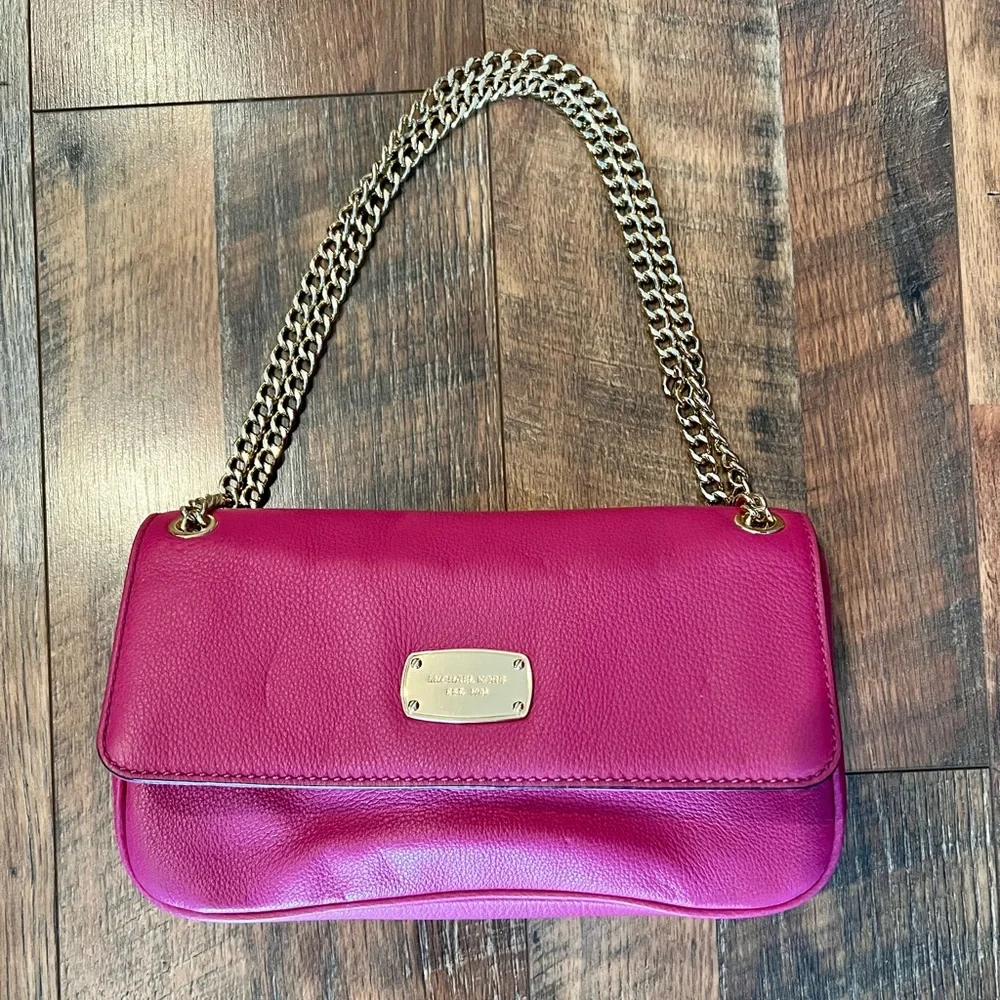 MICHAEL KORS Jet Set Chain Leather Flap Shoulder Bag Raspberry - Picture 6 of 11